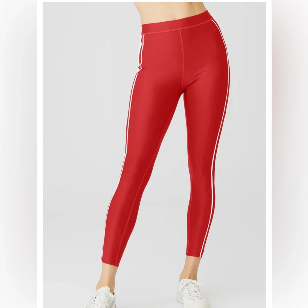 ALO Yoga Red Leggings with White Side Stripes